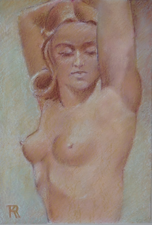 R.R, 20th century, pastel, Half length study of a nude woman, monogrammed, 31 x 21cm. Condition - good